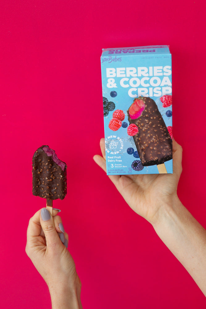 
                    
                      SorBabes Berries & Cocoa Crisp frozen fruit bar box and bar
                    
                  