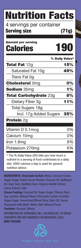 
                    
                      SorBabes frozen fruit bar nutrition label Cocoa Cookies and Cream
                    
                  