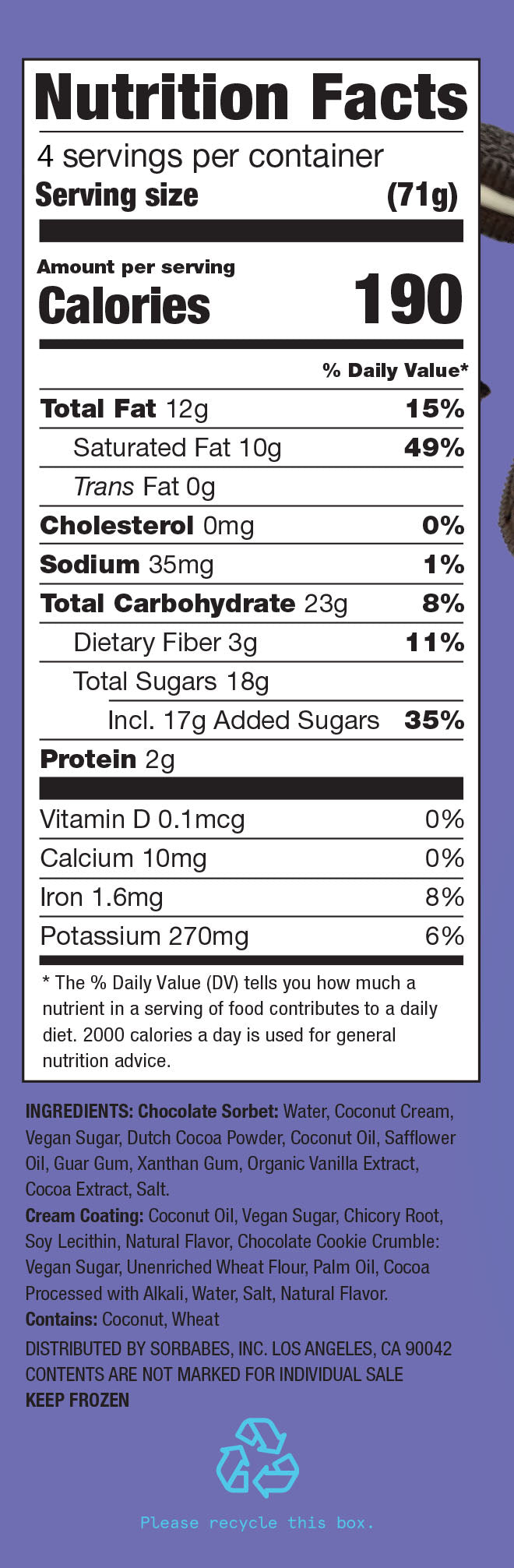 SorBabes cookies & Cream nutrition label